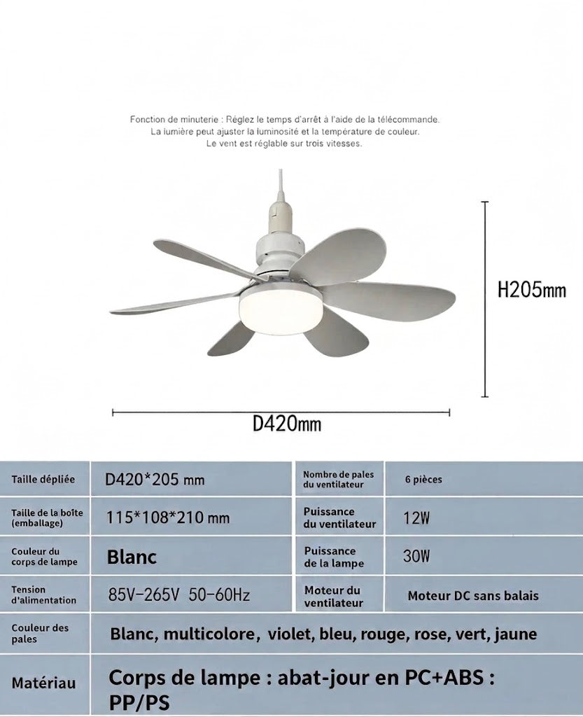 Ventilateur de Plafond LED E27 – Sans Travaux, Télécommande Incluse