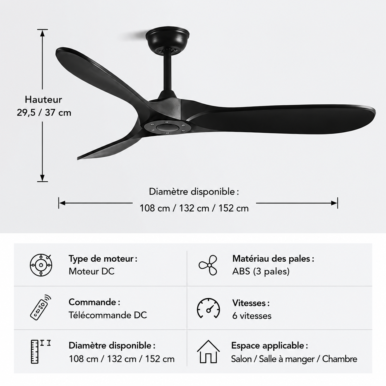 Ventilateur de Plafond Industriel Vintage Orvik – 107/132/152cm, Télécommande, Grand Débit