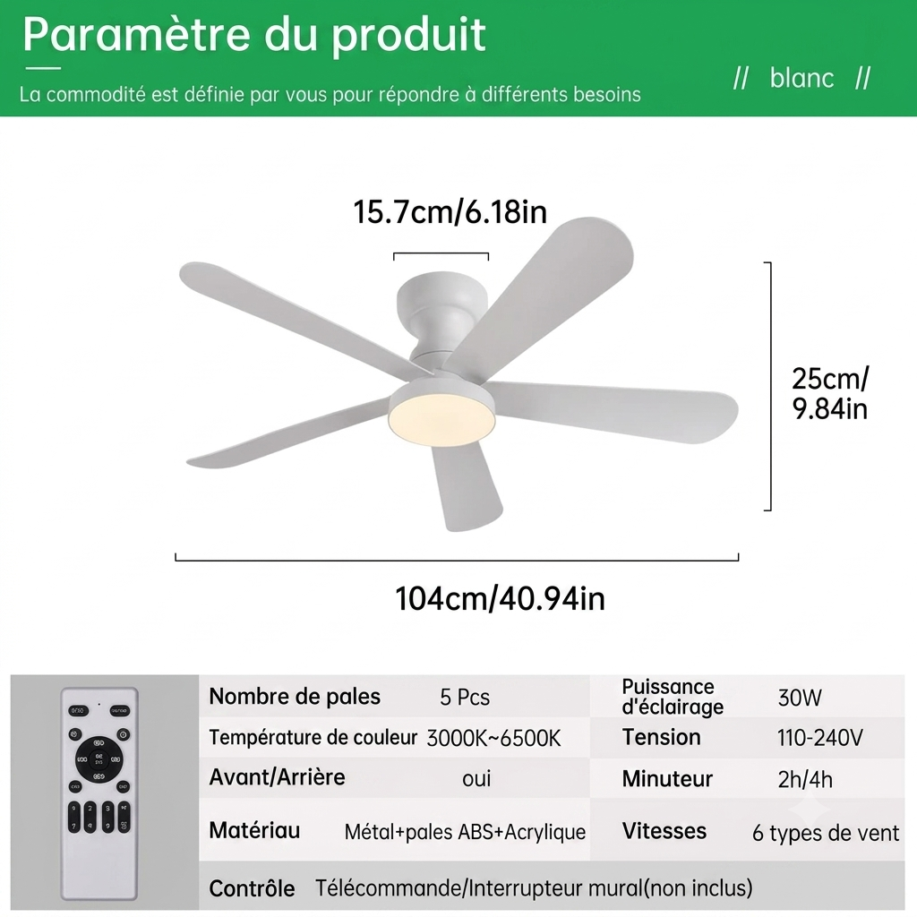 Ventilateur de Plafond Encastré Plat Alvik – 104cm, 5 Pales, Télécommande & Minuterie, Réversible