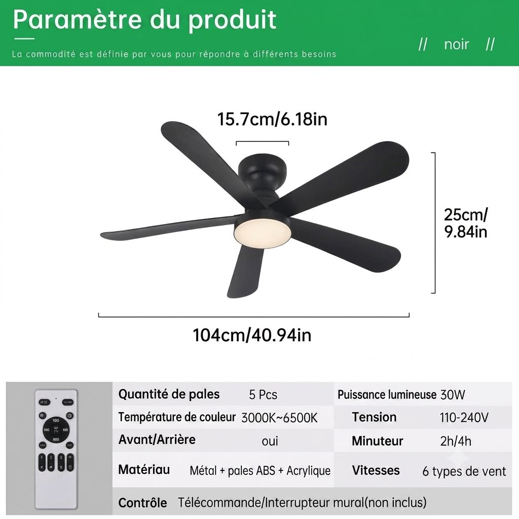 Ventilateur de Plafond Encastré Plat Alvik – 104cm, 5 Pales, Télécommande & Minuterie, Réversible