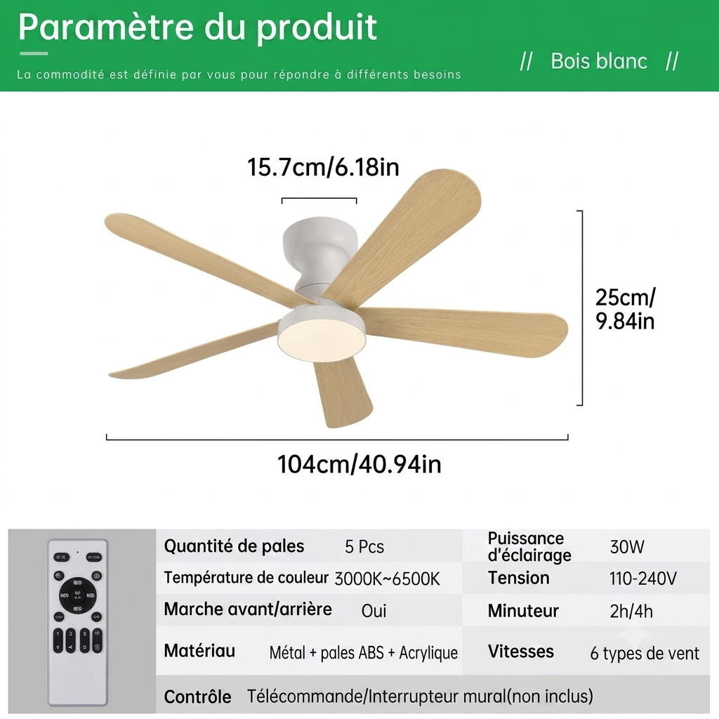 Ventilateur de Plafond Encastré Plat Alvik – 104cm, 5 Pales, Télécommande & Minuterie, Réversible