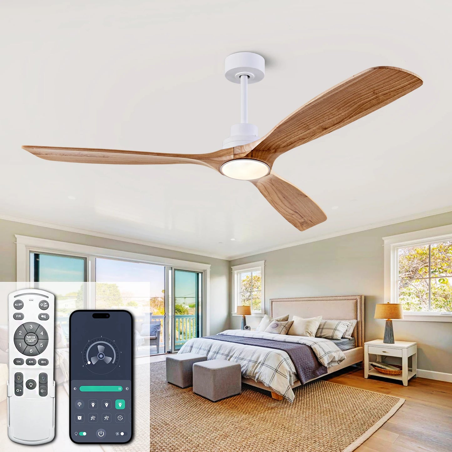 Ventilateur de Plafond Bois Naturel Neylo – 107/132/152cm, Moteur DC Silencieux, LED & Télécommande