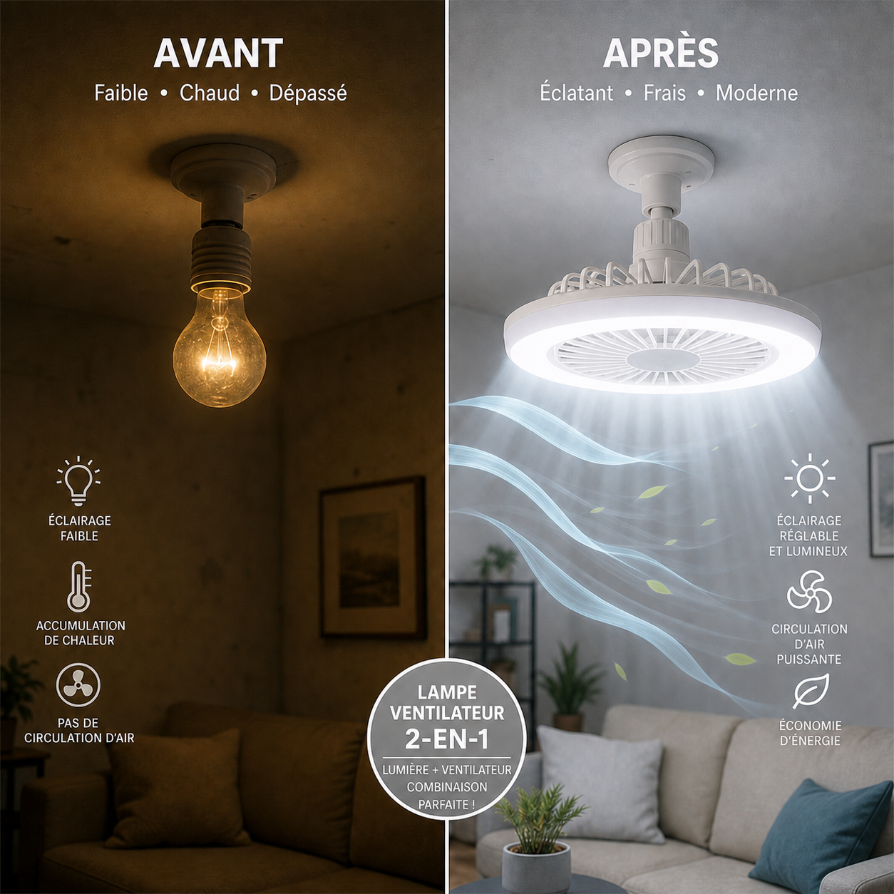 Mini Ventilateur Plafonnier 2-en-1 – LED Orientable sur Douille E27