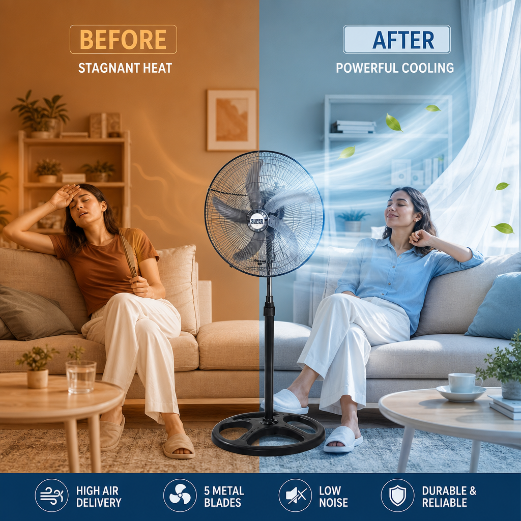 Ventilateur sur Pied Puissant — 3 Vitesses & Hauteur Réglable
