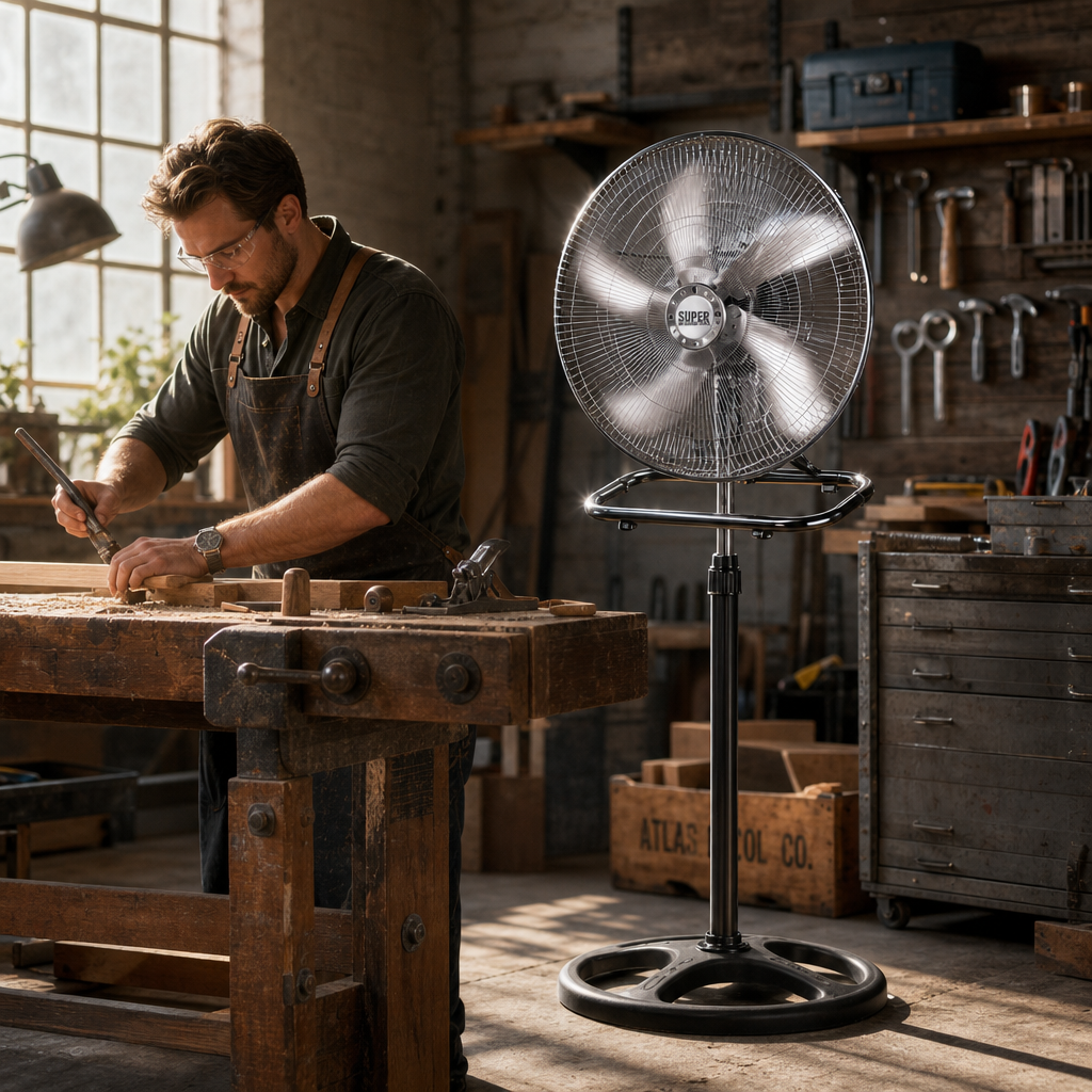 Ventilateur sur Pied Puissant — 3 Vitesses & Hauteur Réglable