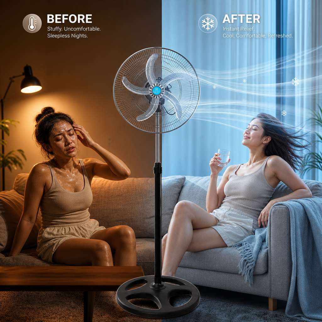Ventilateur sur Pied Réglable — Silencieux & Puissant