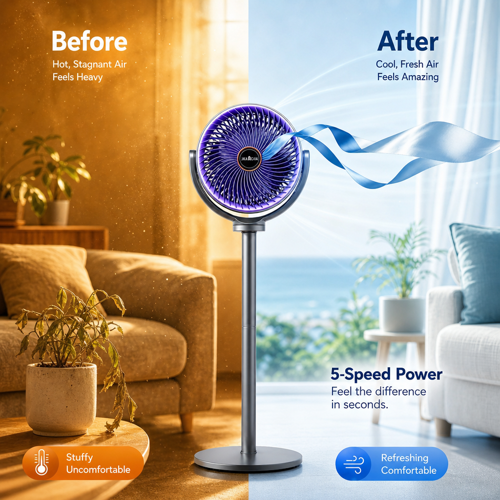 Ventilateur 3-en-1 Silencieux — 5 Vitesses, USB-C & 4 Hauteurs