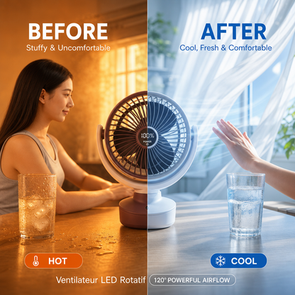 Ventilateur LED Rotatif — Rechargeable, Orientable 120° & Silencieux