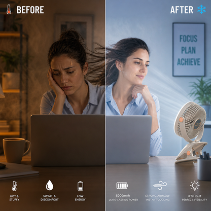 Ventilateur Rechargeable 8000 mAh — 3-en-1 avec LED & Clip
